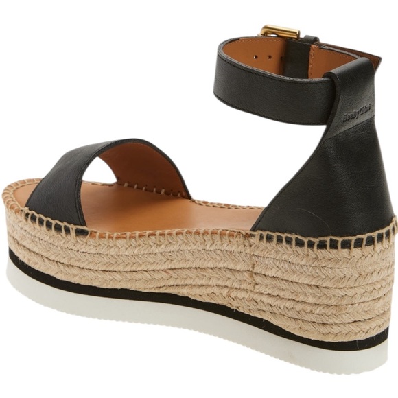 See by Chloe Glyn Espadrilles Wedge Black Leather Ankle Strap Sandals Sz 40 - Picture 2 of 13